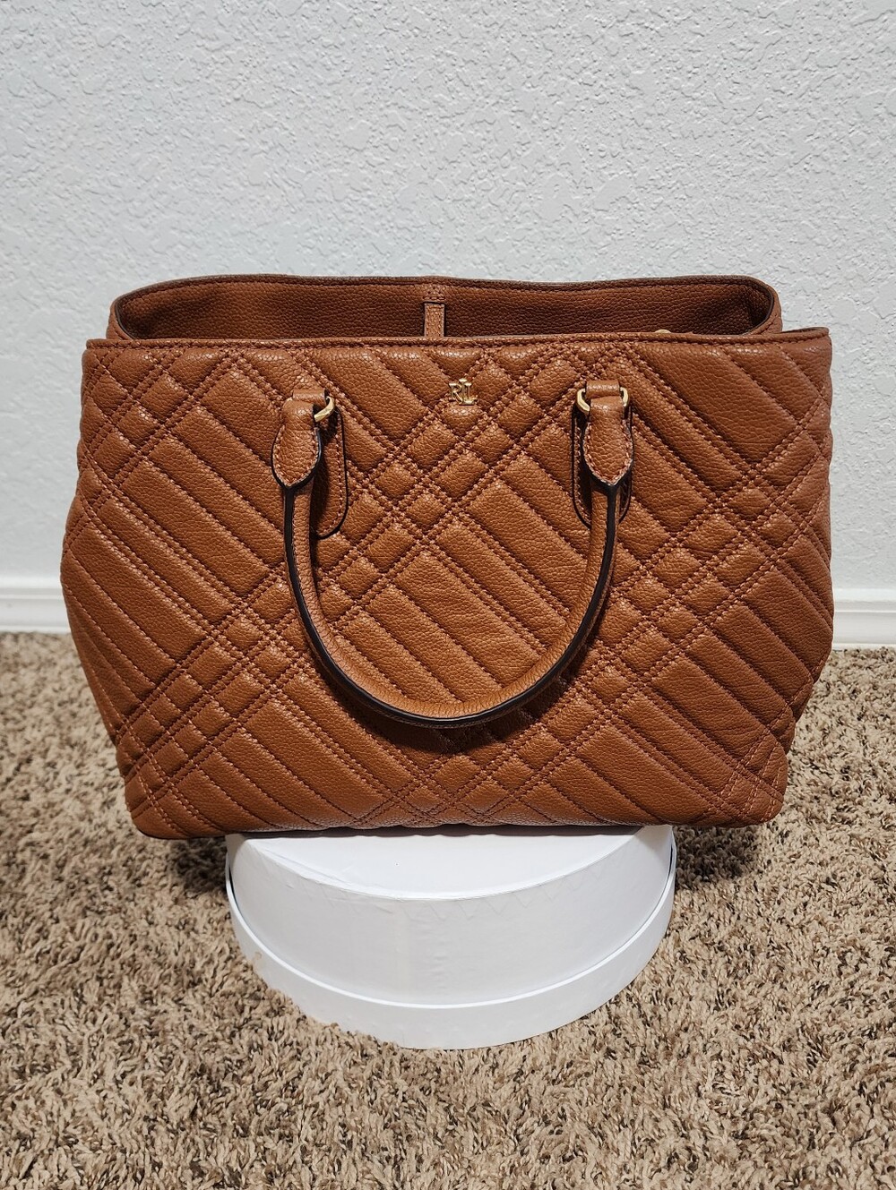 Lauren Ralph Lauren Quilted Large Marcy Satchel Shoulder Bag Tan Luxury